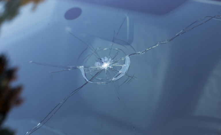 Big crack and damage on a windshield