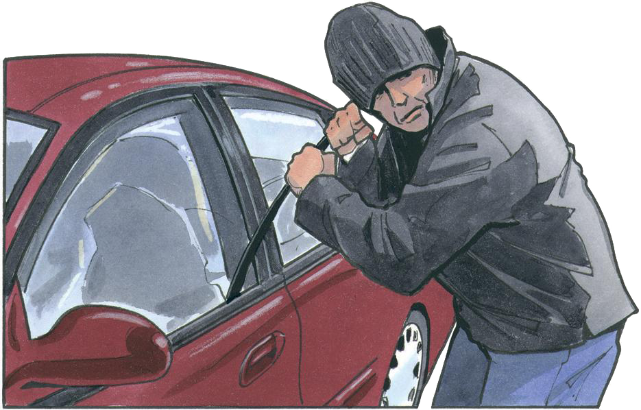 A man with a black beanie hat and black jacket trying to break the red car window