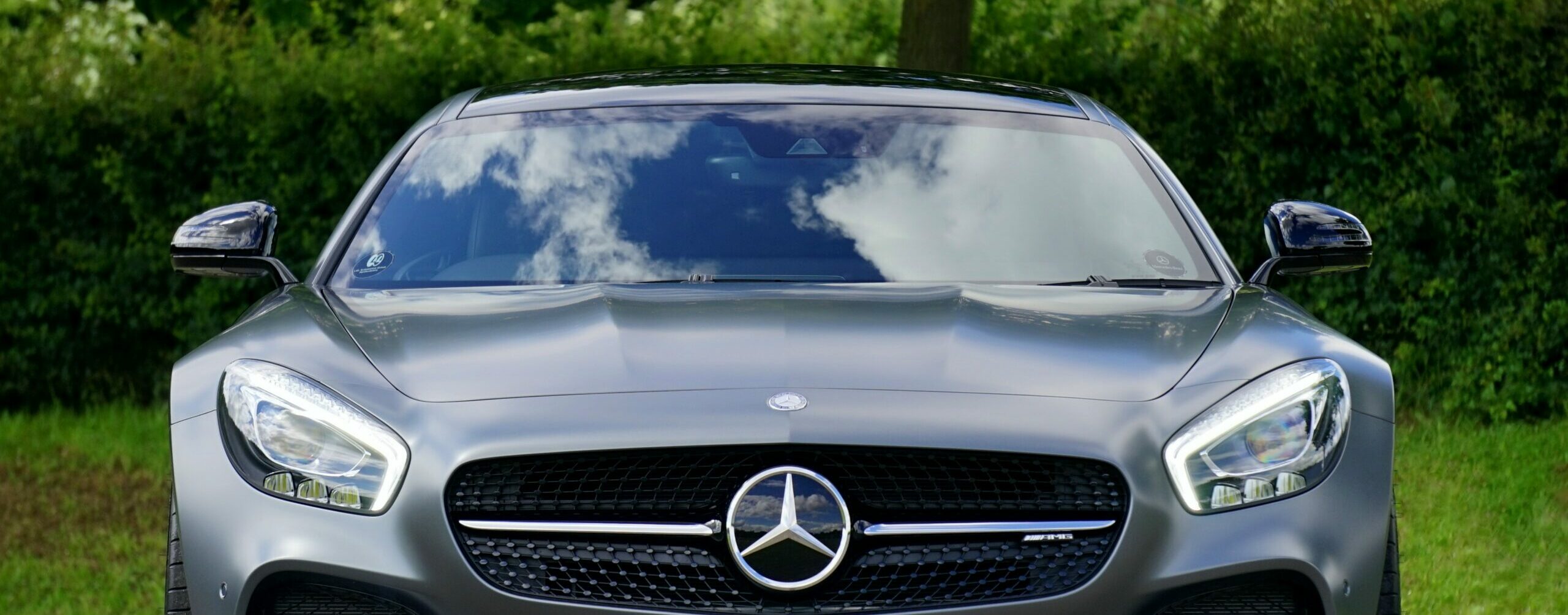 Front view of new Mercedes AMG, summer outside