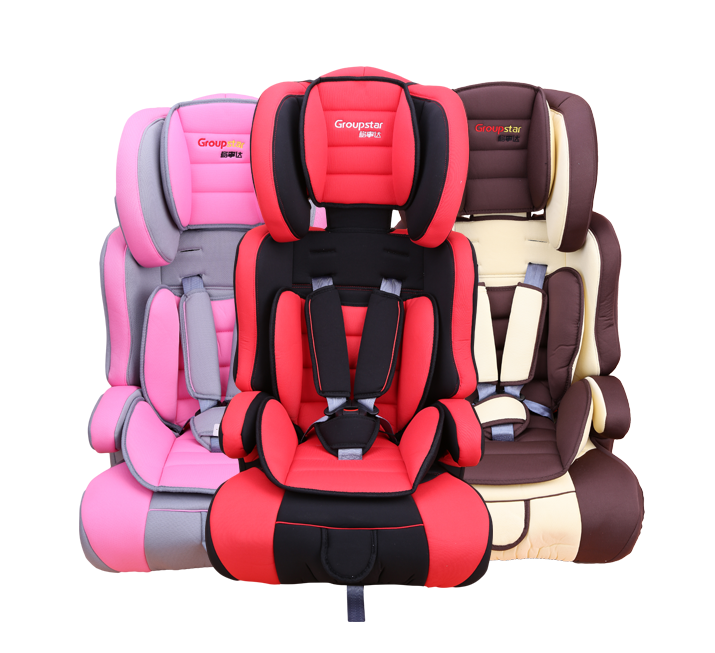 Three different child seats, pink, red and brown