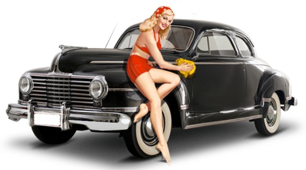 Vintage image of woman washing a car