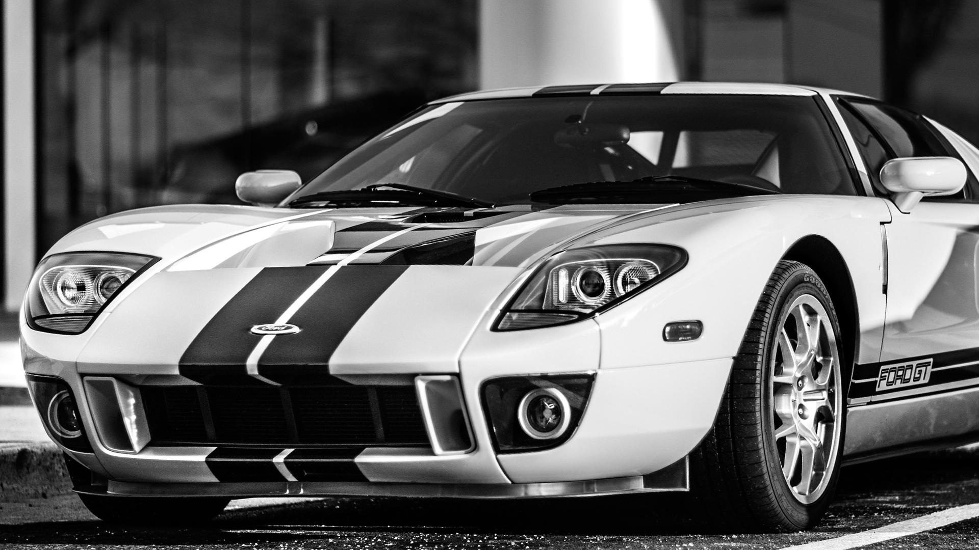 White Ford GT with Gorilla Glass windshield, black and white photo